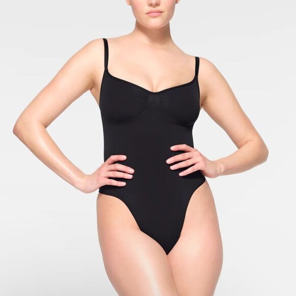 SKIMS Seamless Sculpt Thong Bodysuit In Onyx Black Shaping Bodysuit